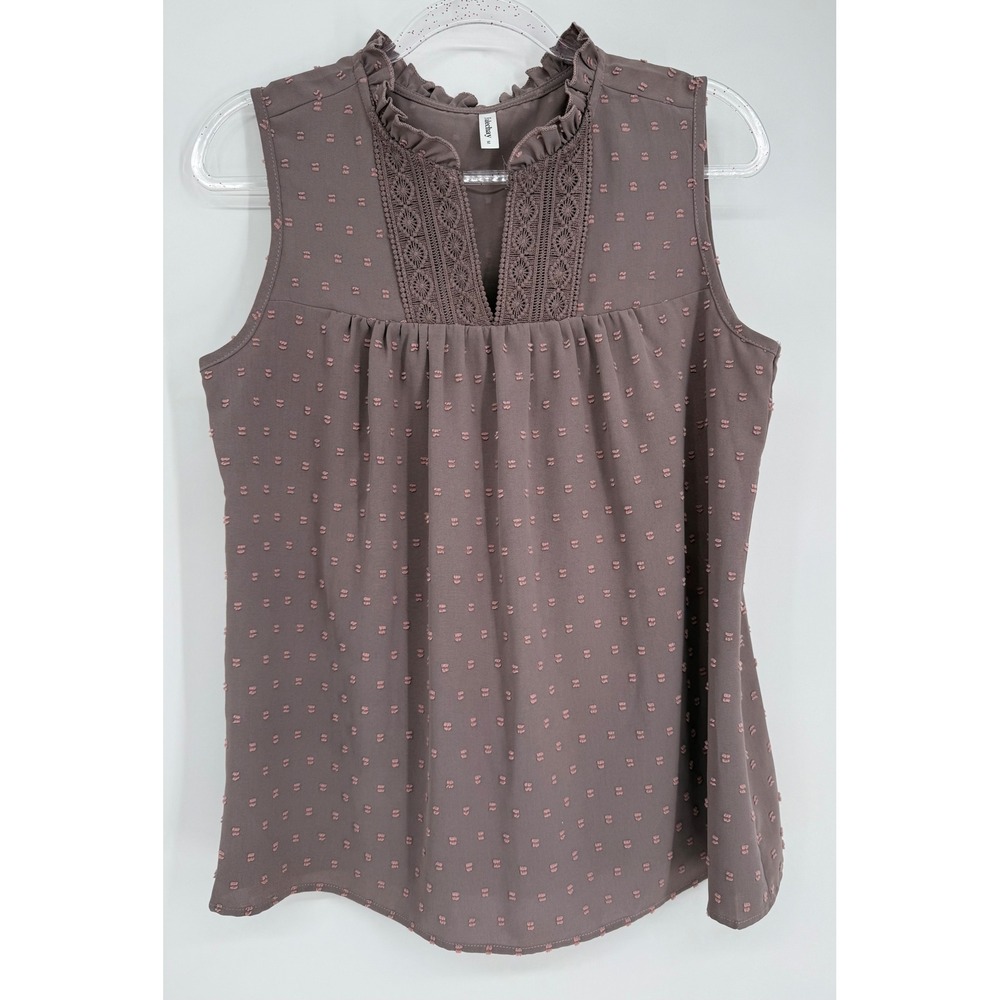 Falechay Womens Mauve Swiss Dot Sleeveless Blouse Ruffle Lace V-Neck Sz M